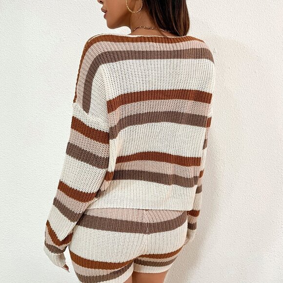 Multicolor Casual Women's Striped Drop Shoulder Sweater & Drawstring Knit Shorts - Picture 2 of 6